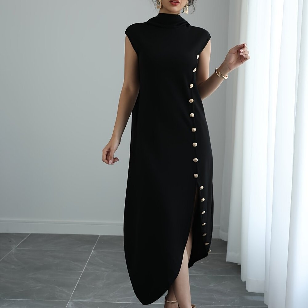 High Neck Sleeveless Maxi Dress with Shawl Collar & Split Hem